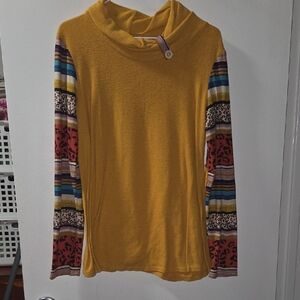 7th Ray Mustard Sweater with Multicolor Striped Sleeves
